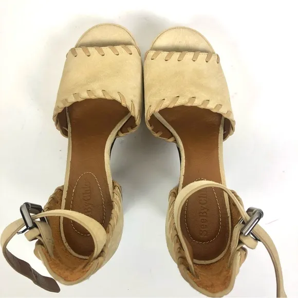 See by Chloe Ivory Suede Open Toe Platform Heels Size 37 US Size 7 NEW