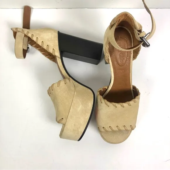 See by Chloe Ivory Suede Open Toe Platform Heels Size 37 US Size 7 NEW