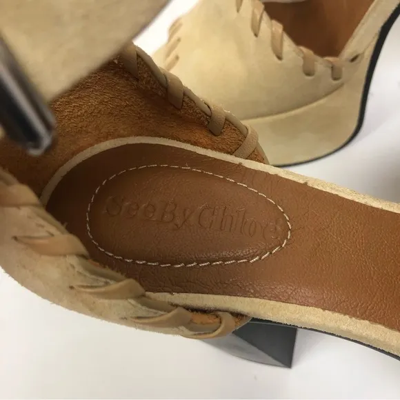 See by Chloe Ivory Suede Open Toe Platform Heels Size 37 US Size 7 NEW