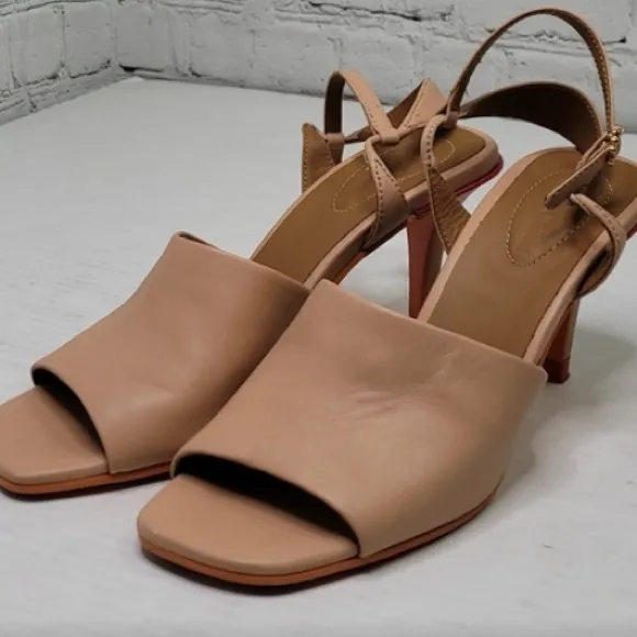 See by Cloe Beige Leather Square Front Open Toe and Back Heels Pumps 37.5 US 7