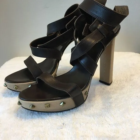 Sergio Rossi Womens Block Heel Platform Strappy Sandals Brown Leather Size 38.5