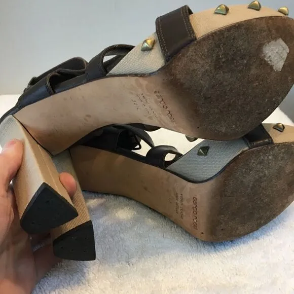 Sergio Rossi Womens Block Heel Platform Strappy Sandals Brown Leather Size 38.5