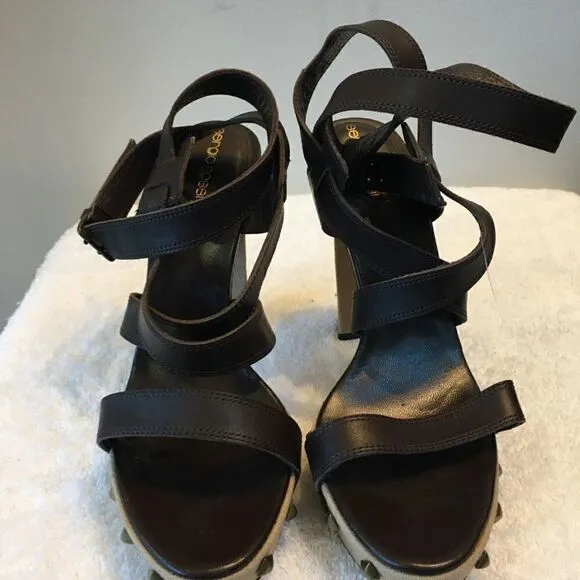 Sergio Rossi Womens Block Heel Platform Strappy Sandals Brown Leather Size 38.5