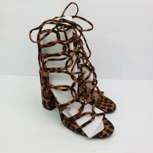 Shoe Land Kyler Womens Size 6.5 Brown Leopard Open Toe Ankle Tie Party 4&quot; Heels