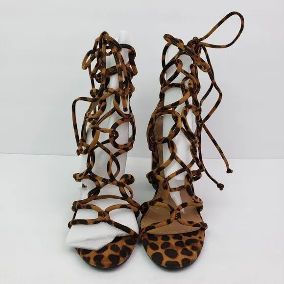 Shoe Land Kyler Womens Size 6.5 Brown Leopard Open Toe Ankle Tie Party 4&quot; Heels