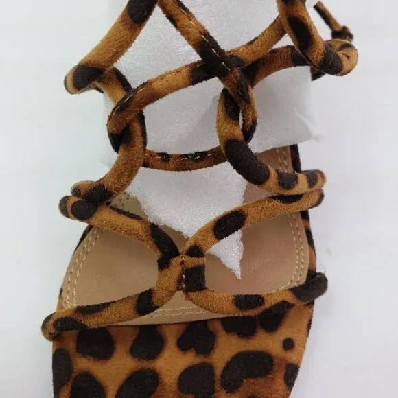 Shoe Land Kyler Womens Size 6.5 Brown Leopard Open Toe Ankle Tie Party 4&quot; Heels