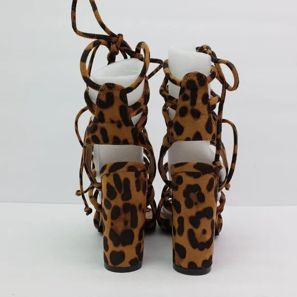 Shoe Land Kyler Womens Size 6.5 Brown Leopard Open Toe Ankle Tie Party 4&quot; Heels