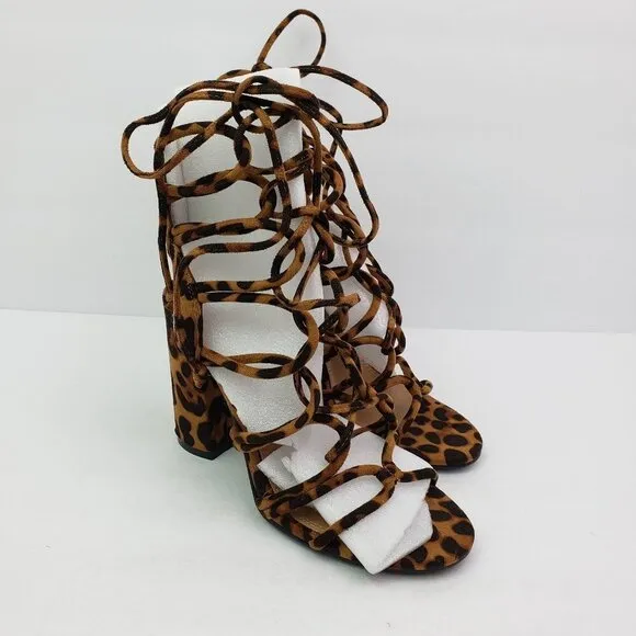 Shoe Land Kyler Womens Size 6.5 Brown Leopard Open Toe Ankle Tie Party 4&quot; Heels