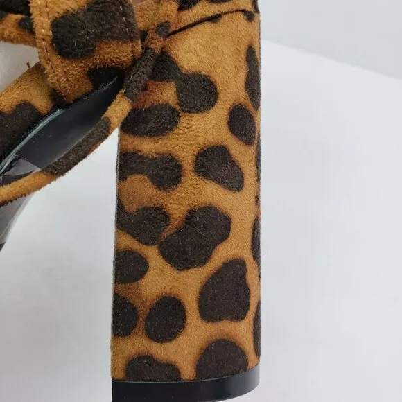 Shoe Land Kyler Womens Size 6.5 Brown Leopard Open Toe Ankle Tie Party 4&quot; Heels