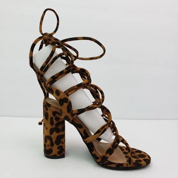 Shoe Land Kyler Womens Size 6.5 Brown Leopard Open Toe Ankle Tie Party 4&quot; Heels