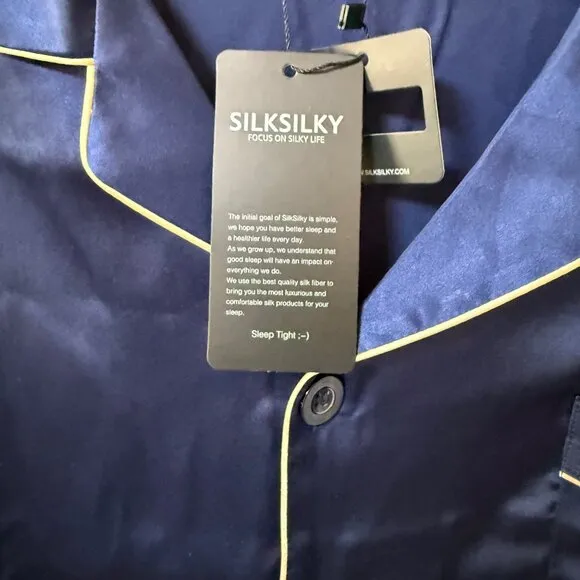 Silksilky Mulberry Silk Pajama Set Size XXL Navy Blue Long Sleeve Button Down