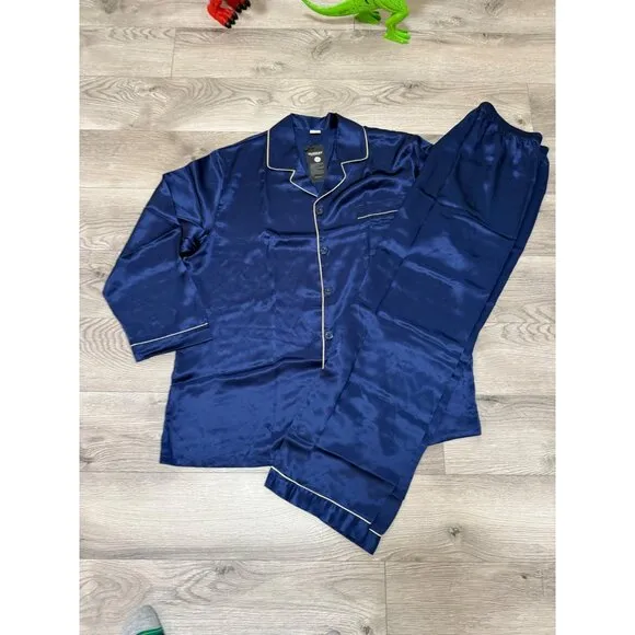 Silksilky Mulberry Silk Pajama Set Size XXL Navy Blue Long Sleeve Button Down