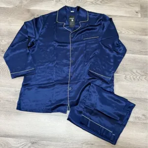 Silksilky Mulberry Silk Pajama Set Size XXL Navy Blue Long Sleeve Button Down