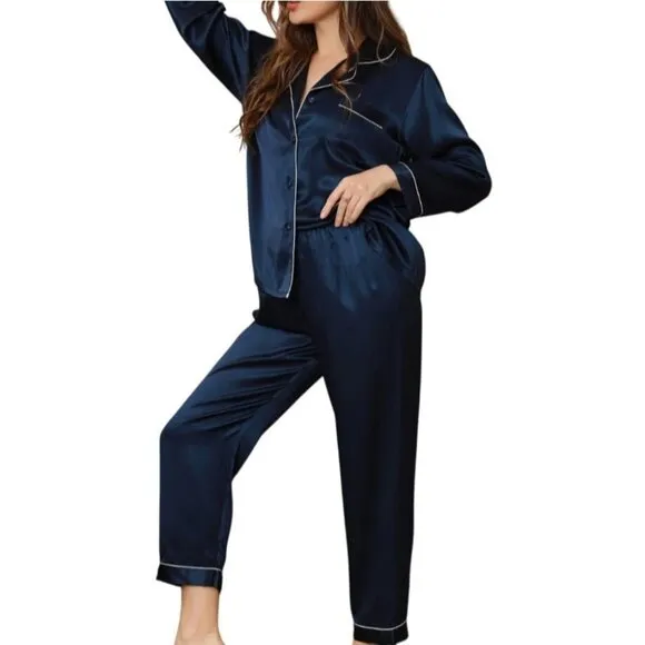 Silksilky Mulberry Silk Pajama Set Size XXL Navy Blue Long Sleeve Button Down