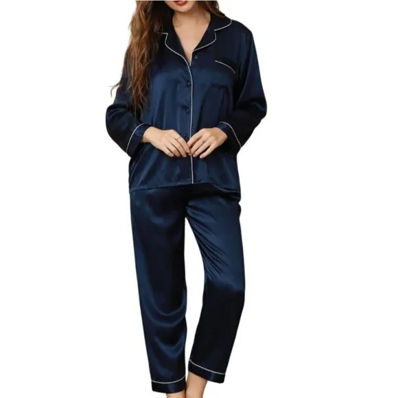 Silksilky Mulberry Silk Pajama Set Size XXL Navy Blue Long Sleeve Button Down
