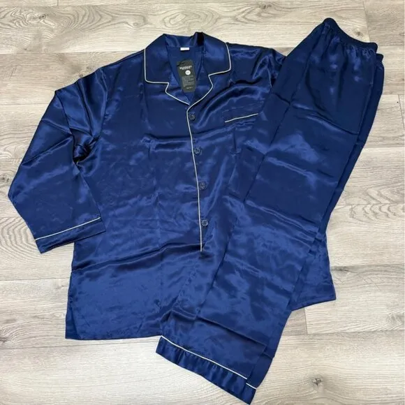 Silksilky Mulberry Silk Pajama Set Size XXL Navy Blue Long Sleeve Button Down