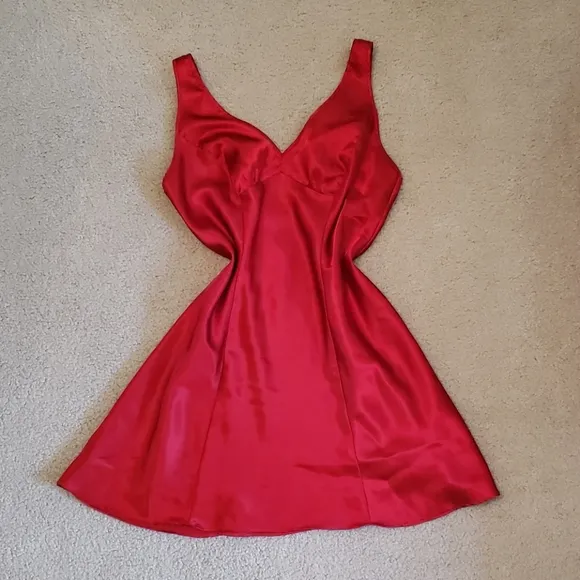 Silky Satin Red Lingerie Slip Empire Waist Sweetheart Dress Chemise Nightgown
