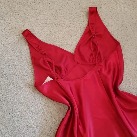 Silky Satin Red Lingerie Slip Empire Waist Sweetheart Dress Chemise Nightgown