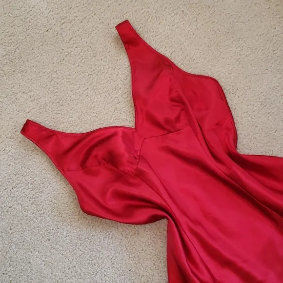 Silky Satin Red Lingerie Slip Empire Waist Sweetheart Dress Chemise Nightgown