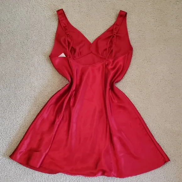 Silky Satin Red Lingerie Slip Empire Waist Sweetheart Dress Chemise Nightgown