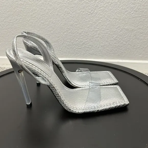 Silver Heels Good American‎ Open Square Toe Heels Snake Size 11 GA120L-X