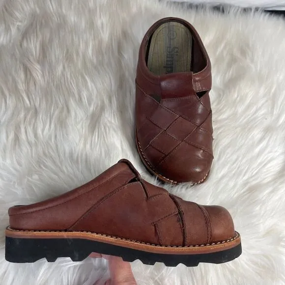 Simple Woven Leather Lug Sole Ivan Tan Clogs Slides Sz 6.5