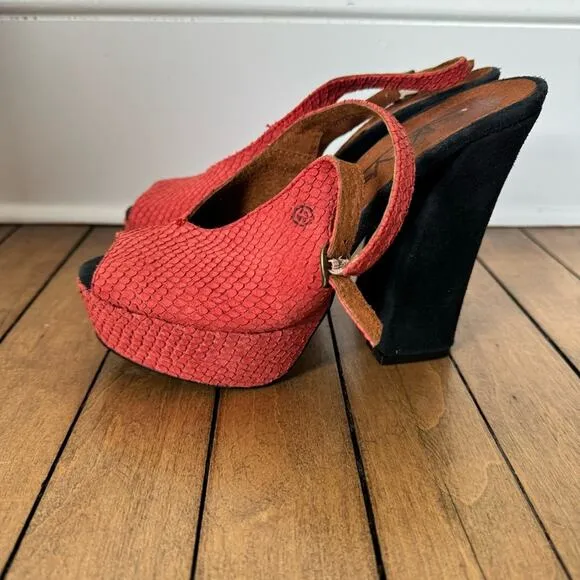 Sixtyseven Red Reptile Suede Peep Toe Platform Block Heels 37 / 6