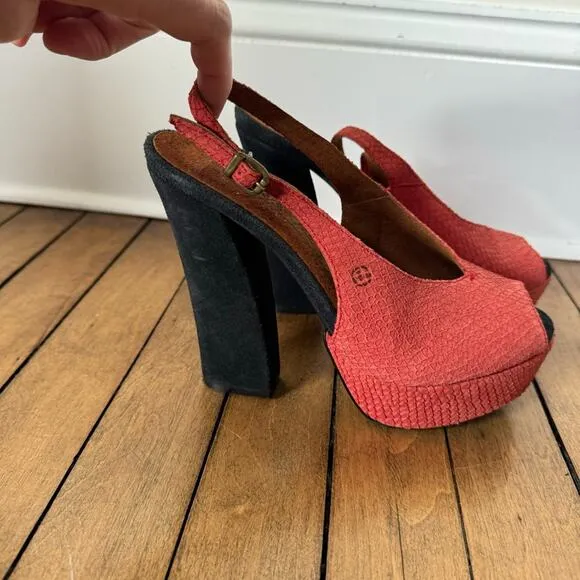Sixtyseven Red Reptile Suede Peep Toe Platform Block Heels 37 / 6