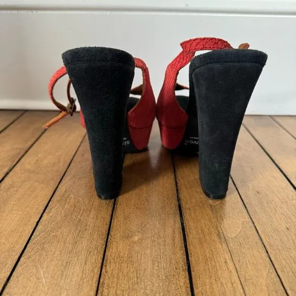 Sixtyseven Red Reptile Suede Peep Toe Platform Block Heels 37 / 6