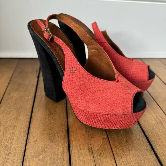 Sixtyseven Red Reptile Suede Peep Toe Platform Block Heels 37 / 6