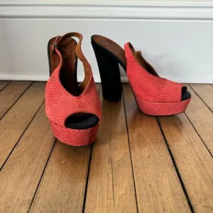 Sixtyseven Red Reptile Suede Peep Toe Platform Block Heels 37 / 6
