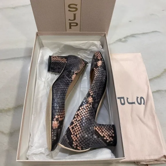 SJP Heels size 37 Gray Pink Snakeprint Block Heel Made in Italy