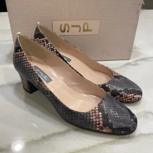 SJP Heels size 37 Gray Pink Snakeprint Block Heel Made in Italy