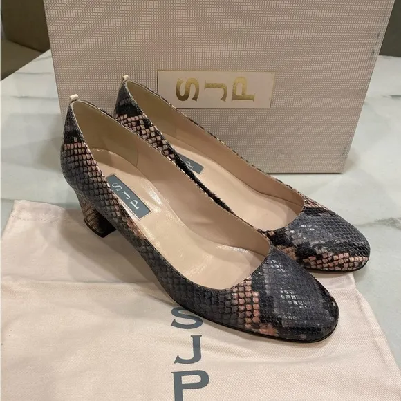 SJP Heels size 37 Gray Pink Snakeprint Block Heel Made in Italy