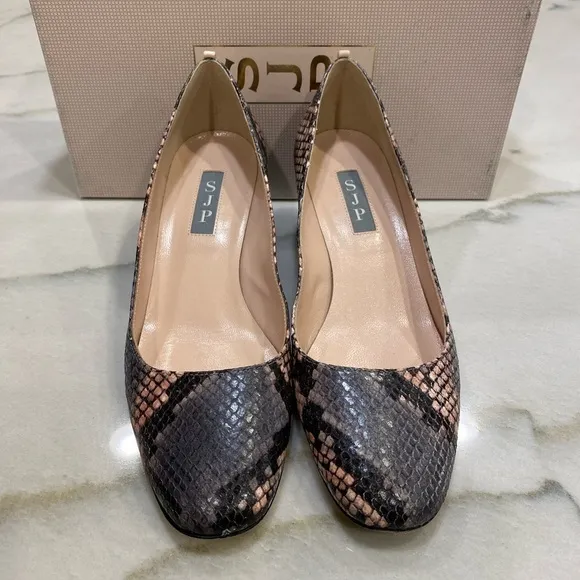 SJP Heels size 37 Gray Pink Snakeprint Block Heel Made in Italy