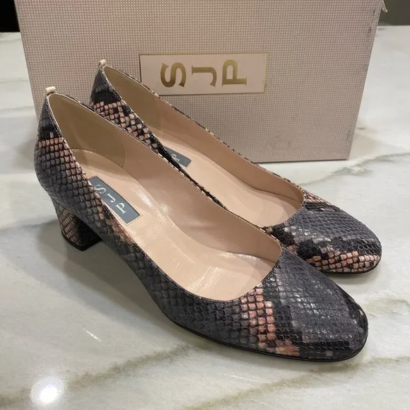 SJP Heels size 37 Gray Pink Snakeprint Block Heel Made in Italy