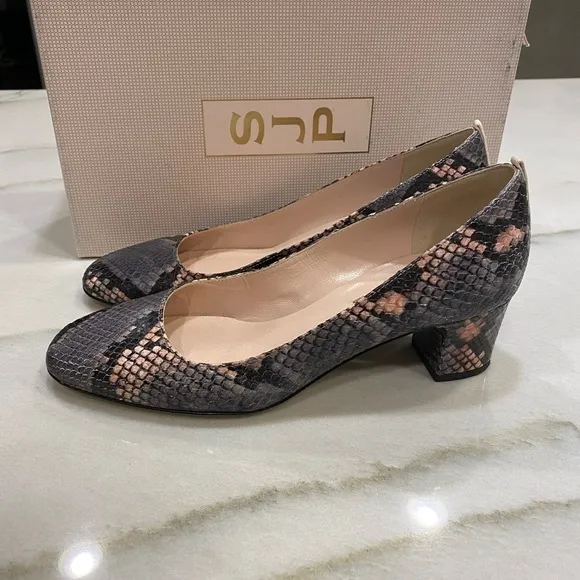SJP Heels size 37 Gray Pink Snakeprint Block Heel Made in Italy