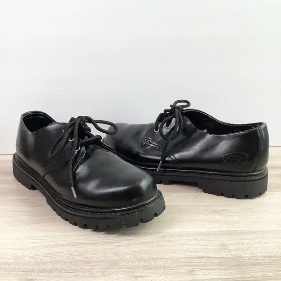 SKECHERS Chunky Platform Leather Oxfords Black Lace-Up Creepers Grunge Goth Y2K