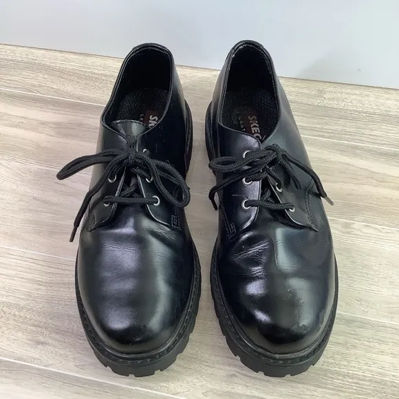 SKECHERS Chunky Platform Leather Oxfords Black Lace-Up Creepers Grunge Goth Y2K