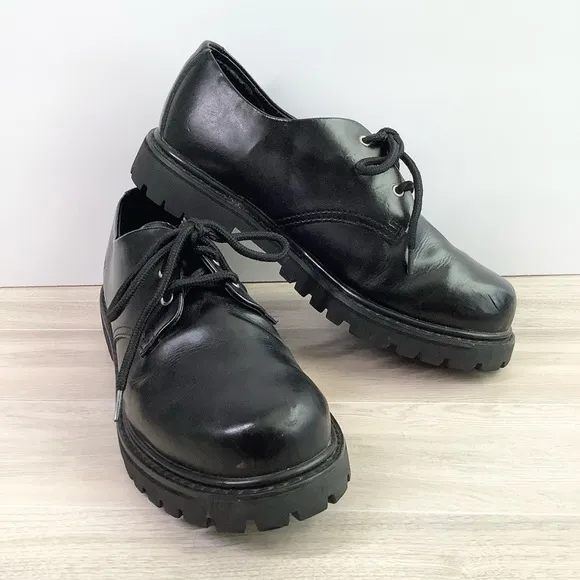 SKECHERS Chunky Platform Leather Oxfords Black Lace-Up Creepers Grunge Goth Y2K