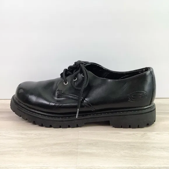 SKECHERS Chunky Platform Leather Oxfords Black Lace-Up Creepers Grunge Goth Y2K
