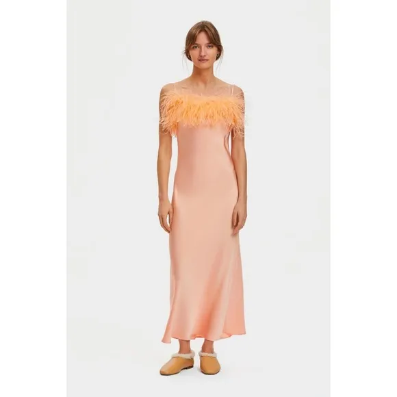 Sleeper Boheme Ostrich Feather Trim Slip Dress in Peach Size M NWOT