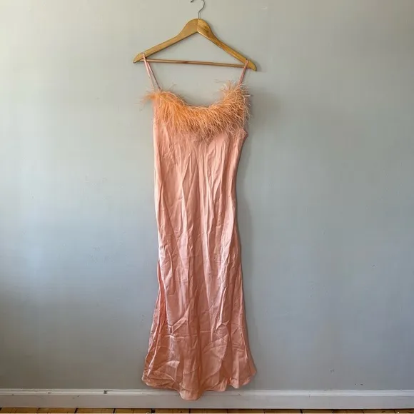 Sleeper Boheme Ostrich Feather Trim Slip Dress in Peach Size M NWOT