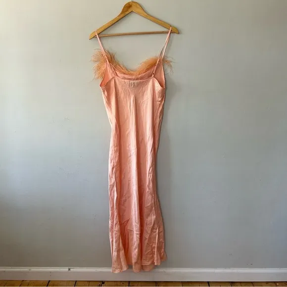 Sleeper Boheme Ostrich Feather Trim Slip Dress in Peach Size M NWOT