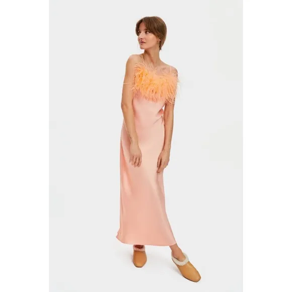 Sleeper Boheme Ostrich Feather Trim Slip Dress in Peach Size M NWOT