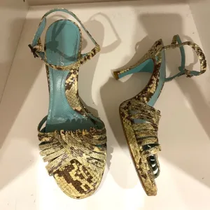 Snakeskin green leather open toe sling back heels