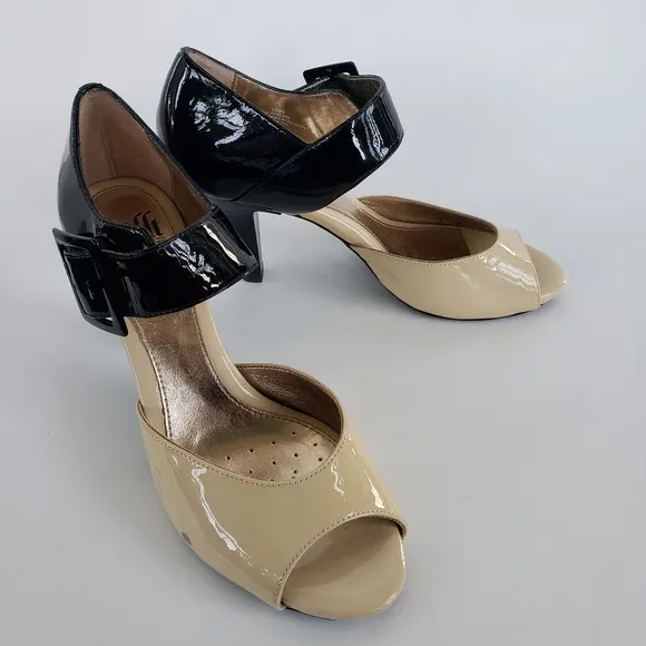 SOFFT Black &amp; Tan Patent Leather Mary Jane Heels