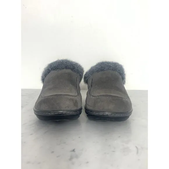 SOFTWALK Mule Clog Women 9 M Dark Gray Suede Faux Fur Trim Wedge Slip-On EUC