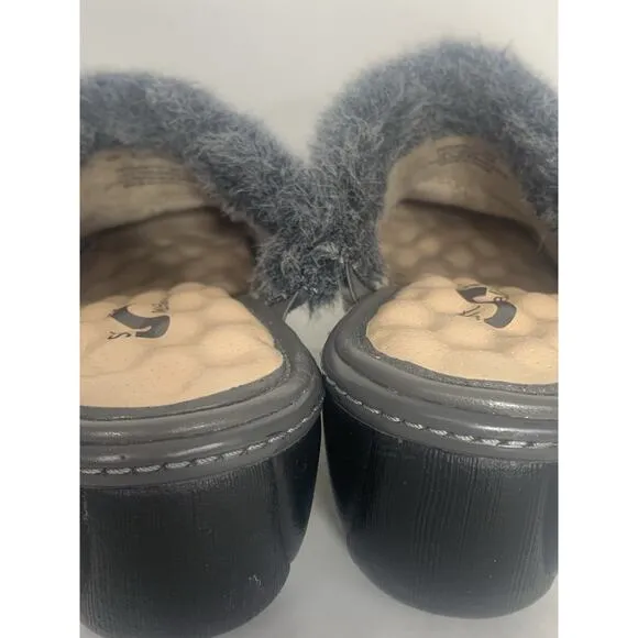 SOFTWALK Mule Clog Women 9 M Dark Gray Suede Faux Fur Trim Wedge Slip-On EUC
