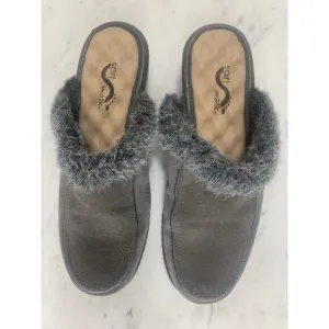 SOFTWALK Mule Clog Women 9 M Dark Gray Suede Faux Fur Trim Wedge Slip-On EUC